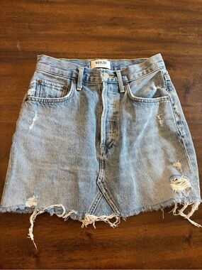 Agolde Denim Skirt Size 23 Distressed Light Wash Jean Mini Skirt Button Fly